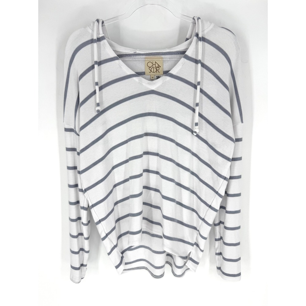 Chaser‎ Womens Striped V-Neck Hoodie White Grey Lace Up Sleeve Pullover Size M